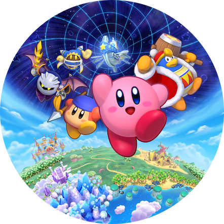 Kirby, King Dedede, Bandana Waddle Dee, Meta Knight, Magolor, and Magolor's ship float over Dream Land.