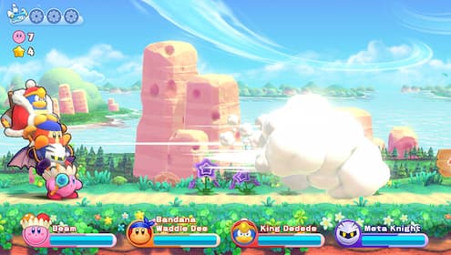 King Dedede, Waddle Dee, and Meta Knight ride on Kirby's back and team up to take down enemies.