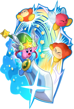 Sword Kirby unleashes a powered-up Super Ability on a cluster of enemies.