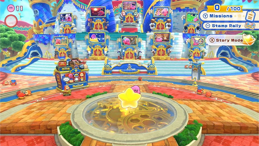 Captura de tela do jogo de Kirby na praça principal do parque Magolândia. Existem muitos minijogos para escolher.