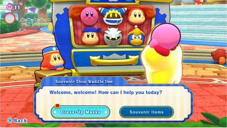 Kirby visits Souvenir Shop Waddle Dee to choose from various dress-up masks like Magolor, Meta Knight, King Dedede, Waddle Dee, and Bandana Waddle Dee.