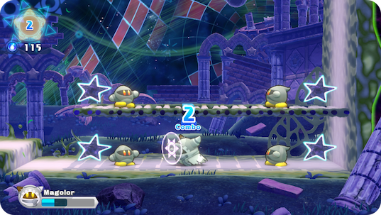 Magolor using combo attacks to defeat enemies.